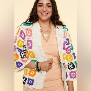 ☯️ Boho Hippie Rainbiw Yin Yang Crochet Bell Sleeve Cardigan